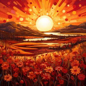 Abstrakt landskapskunst med et felt med markblomster og en dristig rød sol. 2