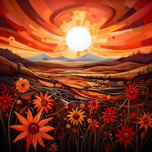 Abstrakt landskapskunst med et felt med markblomster og en dristig rød sol. 4