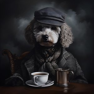 En kultivert puddel drikker en kopp te, iført turtleneck og flat caps, røykfylt bakgrunn 2