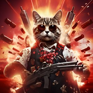 Filmplakat av en katt iført en svart-hvit prikkete skjorte og skinnende solbriller med eksplosjoner og kanoner i bakgrunnen 1
