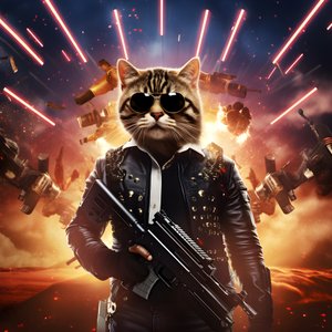 Filmplakat av en katt iført en svart-hvit prikkete skjorte og skinnende solbriller med eksplosjoner og kanoner i bakgrunnen 2