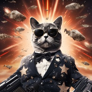 Filmplakat av en katt iført en svart-hvit prikkete skjorte og skinnende solbriller med eksplosjoner og kanoner i bakgrunnen 4