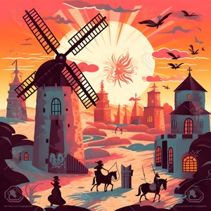 Bakgrunn Don Quijote helt til høyre på eselet sitt så lite som en skygge, foran vindmøllene, et passende bakteppe 2