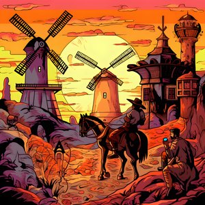 Bakgrunn Don Quijote helt til høyre på eselet sitt så lite som en skygge, foran vindmøllene, et passende bakteppe 3