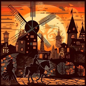 Bakgrunn Don Quijote helt til høyre på eselet sitt så lite som en skygge, foran vindmøllene, et passende bakteppe 4