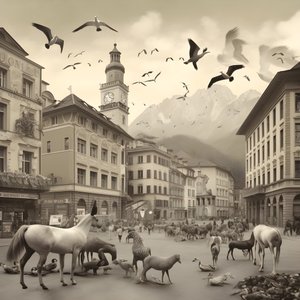 Innsbruck i et gammelt fotografi med elegante sebraer, måker, aper og leirfigurer. 1