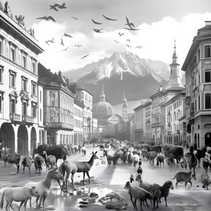 Innsbruck i et gammelt fotografi med elegante sebraer, måker, aper og leirfigurer. 2