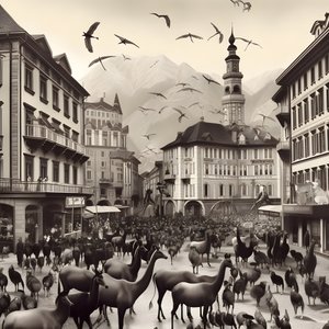 Innsbruck i et gammelt fotografi med elegante sebraer, måker, aper og leirfigurer. 4