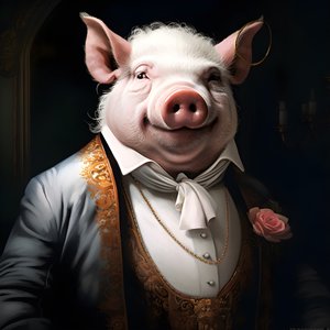 Kald og dominerende antropomorf griseplantasjeeier, gjennomborende øyne, fet lubben kropp, sigar i hånden, utsøkt elegant sørlig hvit dress og vest, lommeur på kjede, monokel, hvit filthatt, nærbilde
