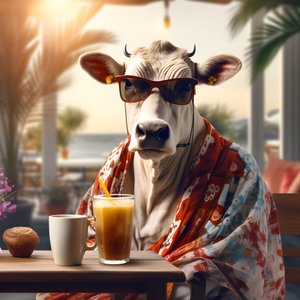 Ku med solbriller ser på kald kaffe 2