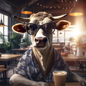 Ku med solbriller ser på kald kaffe 3