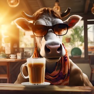 Ku med solbriller ser på kald kaffe 4