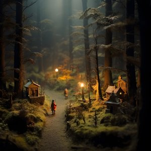 Miniatyr tilt-shift Halloween-skog med tåkete trær og en skummel atmosfære 1
