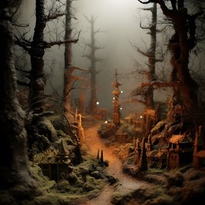 Miniatyr tilt-shift Halloween-skog med tåkete trær og en skummel atmosfære 4