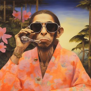 Nærbilde av en kul ape i en japansk kimono, med solbriller, i et tropisk landskap 3
