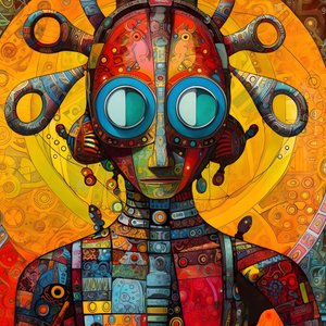 Carnival Cajun sump mutant sci-fi droid, kunstnerisk stil av Tim Burton og Beksinski 1