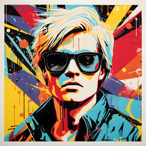 Pop Art-portrett, halvkropp, Fargerik, grafisk, Morgen, i stil med Andy Warhol, Roy Lichtenstein, Robert Rauschenberg, Jasper Johns, Keith Haring 1