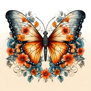 Sommerfugl i midten, symmetrisk, med blomster i bakgrunnen 3