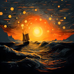 Solnedgang, oransje-gul sol, skyer, fem roterende sirkler av skyer på en stor himmel, nøytrale bølger og oransje-gule solnedgangsskyer reflektert på bølgene, en båt går ut på havet 1