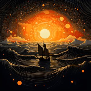 Solnedgang, oransje-gul sol, skyer, fem roterende sirkler av skyer på en stor himmel, nøyaktige bølger og oransje-gule solnedgangsskyer reflektert på bølgene, en båt går ut på havet 3