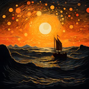 Solnedgang, oransje-gul sol, skyer, fem roterende sirkler av skyer på en stor himmel, punktvise bølger og oransje-gule solnedgangsskyer reflektert på bølgene, en båt går ut på havet 4