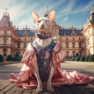 Sphynx-katt i ballkjole på bakgrunn av et praktfullt palass i middelalderstil 1