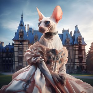 Sphynx-katt i ballkjole på bakgrunn av et praktfullt palass i middelalderstil 3