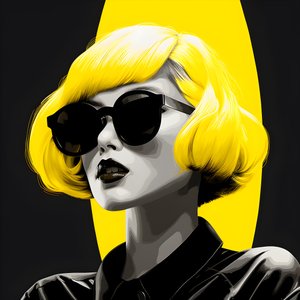 en illustrasjon av en jente med gule solbriller med hår i ansiktet og med ører, i stil med film noir-estetikk 1