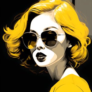 en illustrasjon av en jente med gule solbriller med hår i ansiktet og med ører, i stil med film noir estetisk 4