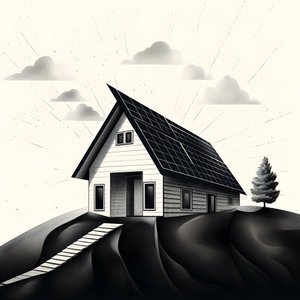 en illustrasjon av et hus med solcellepaneler på, med en stor pil bak som peker til høyre og oppover 1