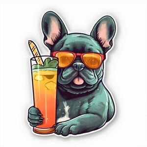 klistremerker, kule franske bulldogs, drikker en cocktail 2