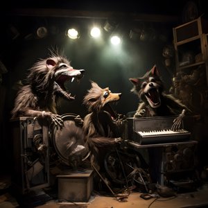 skumle, hårete, ødelagte dyreanimatronikk som fremfører musikk på en scene 3