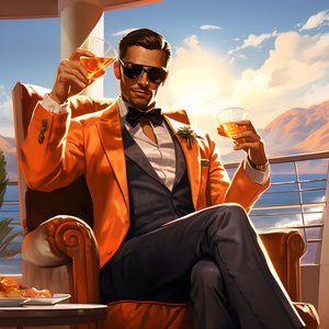 en rik mann, godt kledd, sitter på et privat cruiseskip og drikker en cocktail 1