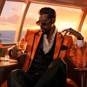 en rik mann, godt kledd, sitter på et privat cruiseskip og drikker en cocktail 2