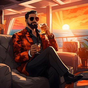 en rik mann, godt kledd, sitter på et privat cruiseskip og drikker en cocktail 3