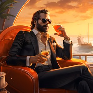 en rik mann, godt kledd, sitter på et privat cruiseskip og drikker en cocktail 4