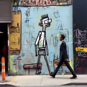 en malt skikkelse kommer til live når han går nedover en gate i New York, surrealistisk bilde 1