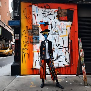 en malt figur kommer til live når han går nedover en gate i New York, surrealistisk bilde 4
