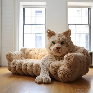 en gigantisk heklet katt i en realistisk stue 1