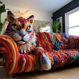 en gigantisk heklet katt i en realistisk stue 2