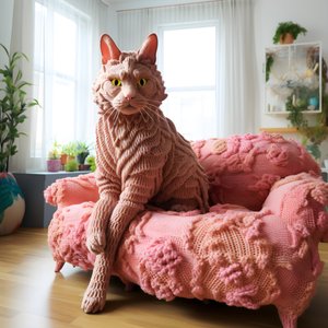 en gigantisk heklet katt i en realistisk stue 4