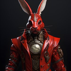 mannlig antropomorf kybernetisk klokke punk android bunny, i rød frakk 1