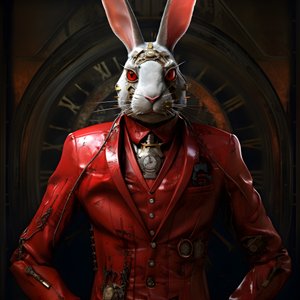 mannlig antropomorf kybernetisk klokke punk android bunny, i rød frakk 2