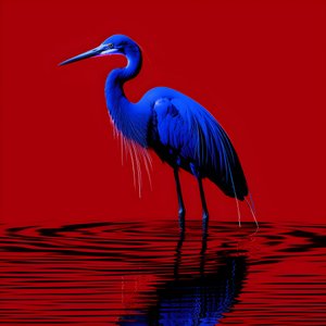 synthwave digital kunstverk av en eksotisk koboltblå egret på rødt papir 2