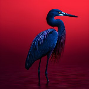 synthwave digital kunstverk av en eksotisk koboltblå egret på rødt papir 3