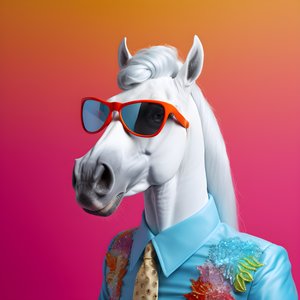 hvit hest med regnbuebriller på blå bakgrunn 3