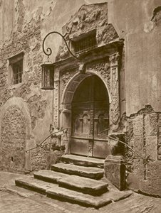 Rothenburg o d T, Portal des alten Rathauses; Rothenburg-on-the-Tauber, døråpning til det gamle rådhuset (s/hv-bilde)