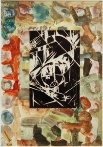 Uten tittel (collage med tresnitt på abstrakt maleri) av Kurt Schwitters