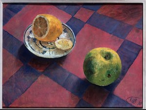 Eple og sitron. (Eple og sitron). Maleri av Kuzma Sergeevich Petrov Vodkin (Petrov-Vodkin) (Kouzma Petrov Vodkin) (Petrov-Vodkin) (1878-1939), olje på lerret av Kuzma Sergeevich Petrov Vodkin
