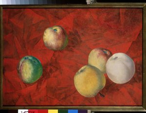 Epler på rød bakgrunn. (Epler på den røde bakgrunnen). Maleri av Kuzma Sergeyevich Petrov Vodkin (Petrov-Vodkin) (Kouzma Petrov Vodkin) (Petrov-Vodkin) (1878-1939), olje på lerret av Kuzma Sergeevich Petrov Vodkin